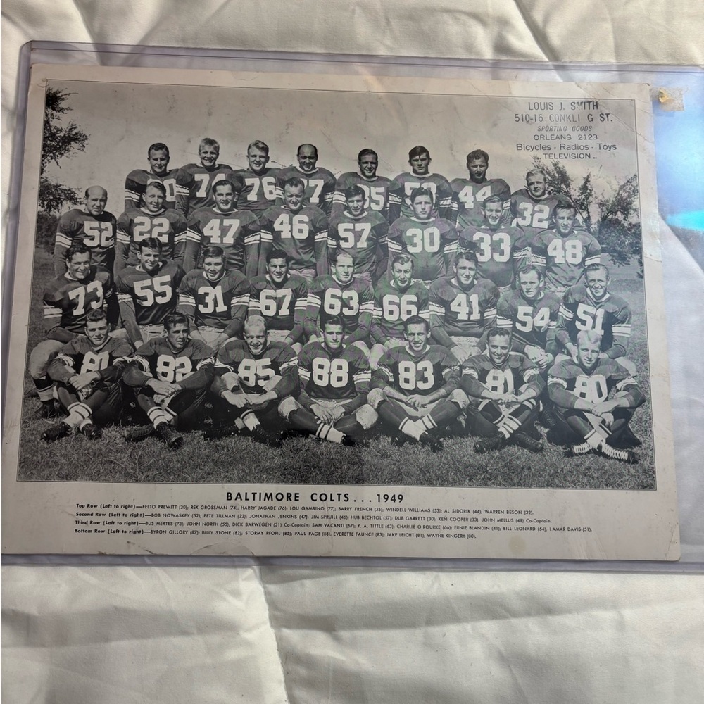 1949 BALTIMORE COLTS TEAM PRINT PHOTO "14" X 11" Y.A. TITTLE #63
